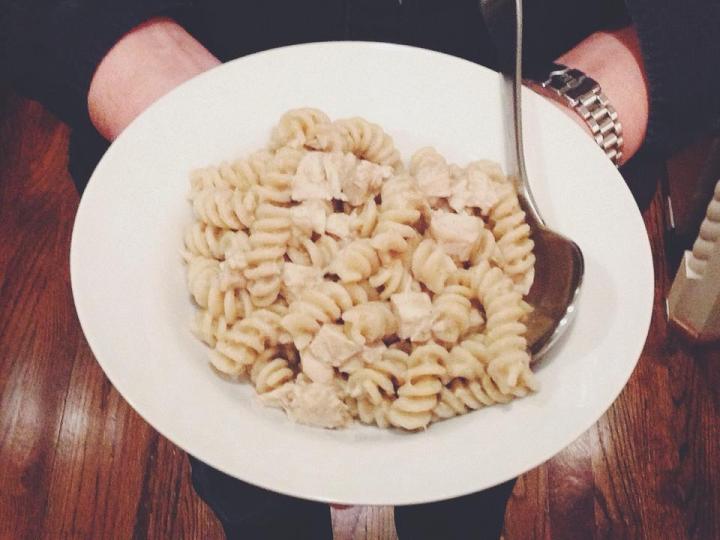 Fusili with Creamy Herb Aubergine Sauce and Diced Roasted Chicken Breast